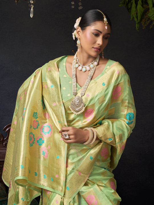 Pista Green Organza Khadi With Weaving Silk Saree With Zhallar  Saree With Blouse Piece