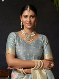Grey Organza Khadi With Weaving Silk Saree With Zhallar  Saree With Blouse Piece
