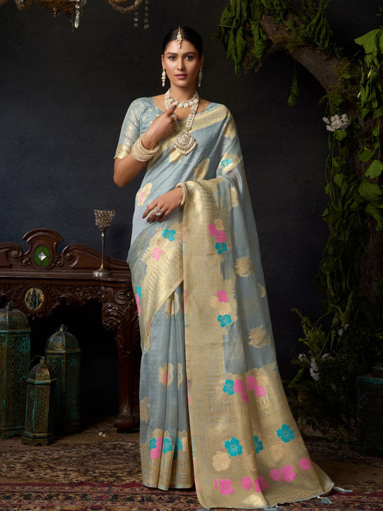 Grey Organza Khadi With Weaving Silk Saree With Zhallar  Saree With Blouse Piece