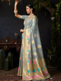 Grey Organza Khadi With Weaving Silk Saree With Zhallar  Saree With Blouse Piece
