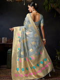 Grey Organza Khadi With Weaving Silk Saree With Zhallar  Saree With Blouse Piece