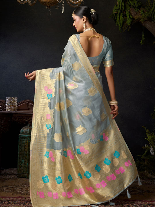 Grey Organza Khadi With Weaving Silk Saree With Zhallar  Saree With Blouse Piece