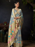 Grey Organza Khadi With Weaving Silk Saree With Zhallar  Saree With Blouse Piece