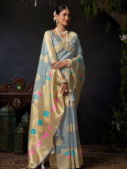 Grey Organza Khadi With Weaving Silk Saree With Zhallar  Saree With Blouse Piece