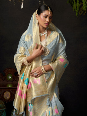 Grey Organza Khadi With Weaving Silk Saree With Zhallar  Saree With Blouse Piece