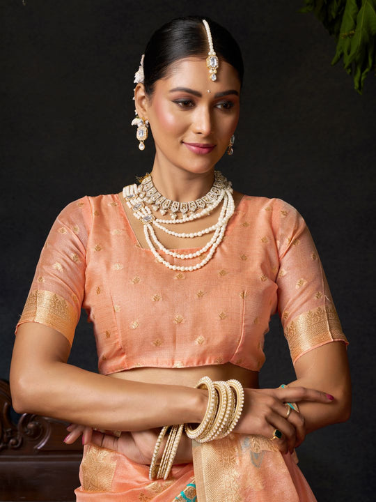 Orange Organza Khadi With Weaving Silk Saree With Zhallar  Saree With Blouse Piece