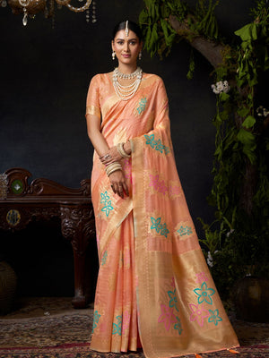 Orange Organza Khadi With Weaving Silk Saree With Zhallar  Saree With Blouse Piece