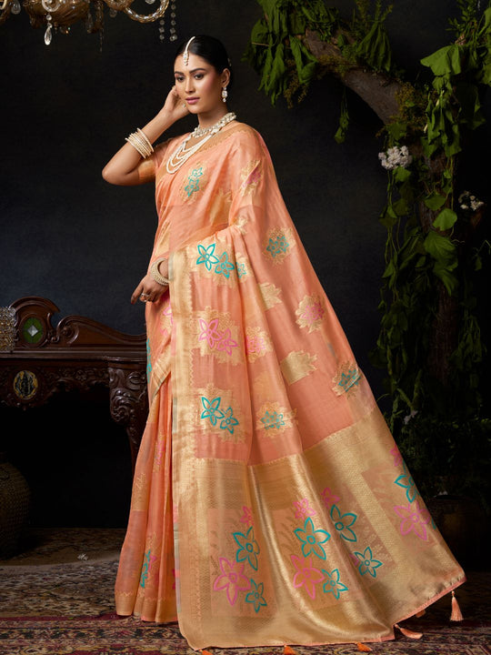 Orange Organza Khadi With Weaving Silk Saree With Zhallar  Saree With Blouse Piece