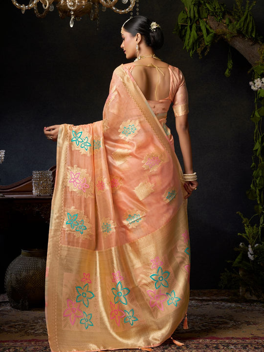 Orange Organza Khadi With Weaving Silk Saree With Zhallar  Saree With Blouse Piece