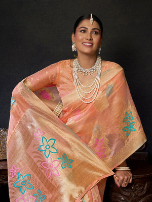 Orange Organza Khadi With Weaving Silk Saree With Zhallar  Saree With Blouse Piece