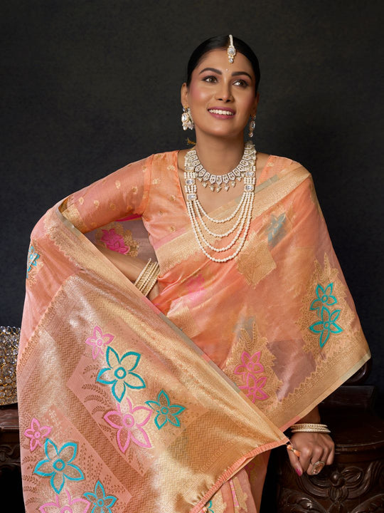 Orange Organza Khadi With Weaving Silk Saree With Zhallar  Saree With Blouse Piece