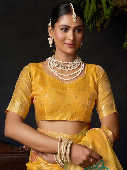 Yellow Organza Khadi With Weaving Silk Saree With Zhallar  Saree With Blouse Piece