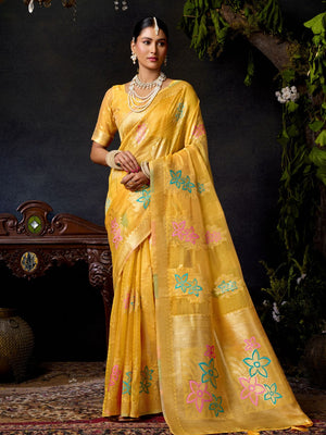 Yellow Organza Khadi With Weaving Silk Saree With Zhallar  Saree With Blouse Piece