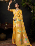 Yellow Organza Khadi With Weaving Silk Saree With Zhallar  Saree With Blouse Piece