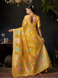 Yellow Organza Khadi With Weaving Silk Saree With Zhallar  Saree With Blouse Piece