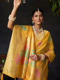 Yellow Organza Khadi With Weaving Silk Saree With Zhallar  Saree With Blouse Piece