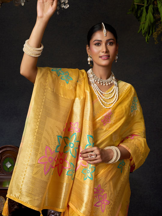Yellow Organza Khadi With Weaving Silk Saree With Zhallar  Saree With Blouse Piece