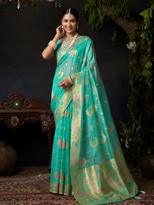Blue Organza Khadi With Weaving Silk Saree With Zhallar  Saree With Blouse Piece