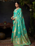 Blue Organza Khadi With Weaving Silk Saree With Zhallar  Saree With Blouse Piece