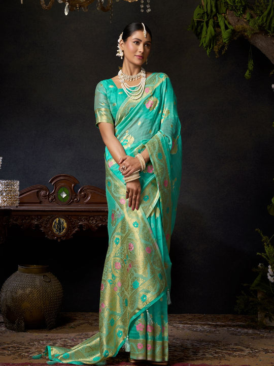 Blue Organza Khadi With Weaving Silk Saree With Zhallar  Saree With Blouse Piece
