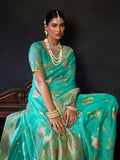 Blue Organza Khadi With Weaving Silk Saree With Zhallar  Saree With Blouse Piece