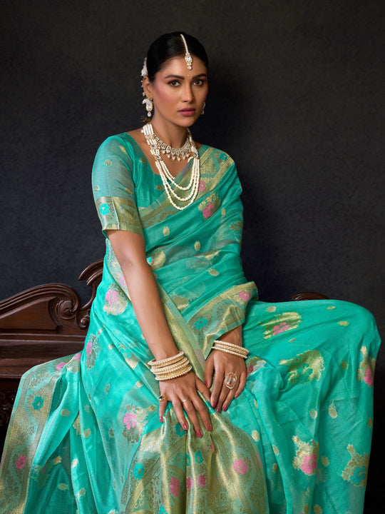 Blue Organza Khadi With Weaving Silk Saree With Zhallar  Saree With Blouse Piece