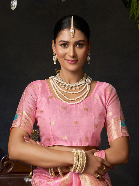 Light Pink Organza Khadi With Weaving Silk Saree With Zhallar  Saree With Blouse Piece