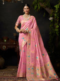 Light Pink Organza Khadi With Weaving Silk Saree With Zhallar  Saree With Blouse Piece