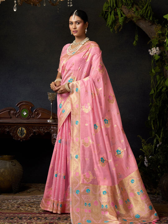 Light Pink Organza Khadi With Weaving Silk Saree With Zhallar  Saree With Blouse Piece