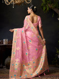 Light Pink Organza Khadi With Weaving Silk Saree With Zhallar  Saree With Blouse Piece