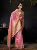 Light Pink Organza Khadi With Weaving Silk Saree With Zhallar  Saree With Blouse Piece