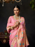 Light Pink Organza Khadi With Weaving Silk Saree With Zhallar  Saree With Blouse Piece