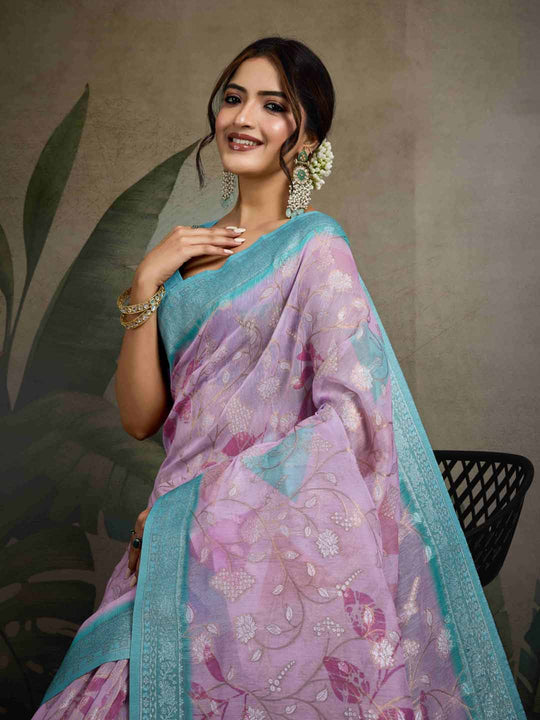 Pink Pure Cotton Double Zari Woven Banarasi Printed With Blouse Piece