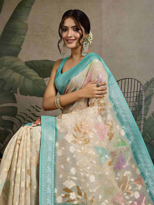 Beige Pure Cotton Double Zari Woven Banarasi Printed With Blouse Piece