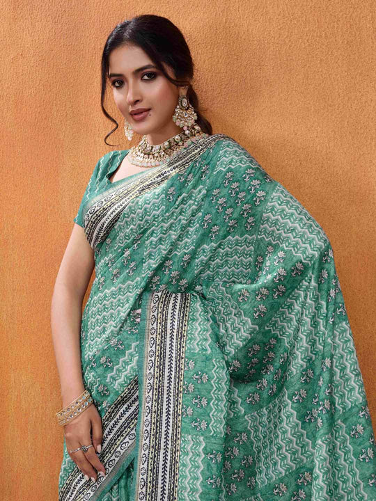 Seagreen Pure Tussar Silk Ajrakh Block Printed With Blouse Piece