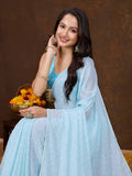 Blue Crepe Georgette Gold Foil Embellished Printed Saree With Blouse Piece