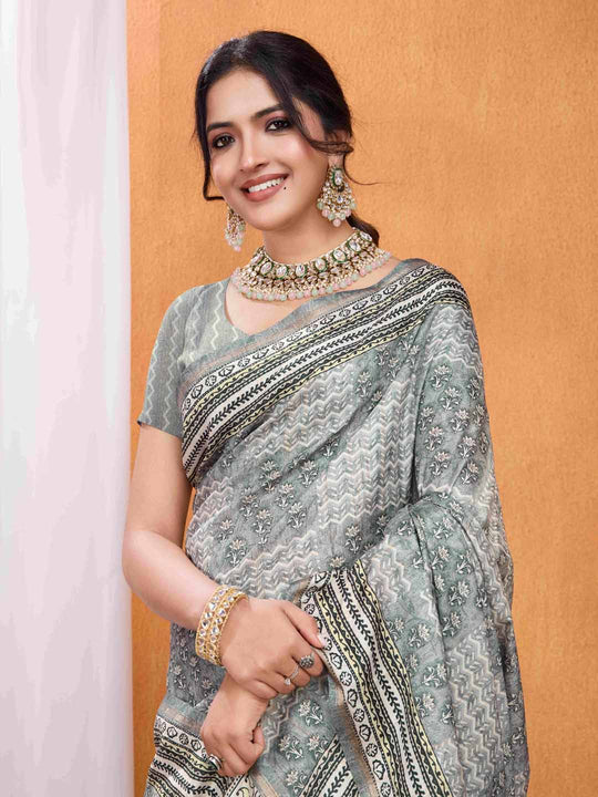 Grey Pure Tussar Silk Ajrakh Block Printed With Blouse Piece