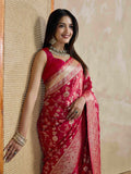 Red Pure Satin Banarasi Saree With Tassels Saree With Blouse Piece