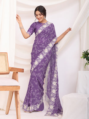 Purple Poly Georgette Festive Wear Saree With Blouse Piece
