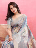 Grey Cotton Banarasi Woven Rich Pallu Printed Saree With Blouse Piece