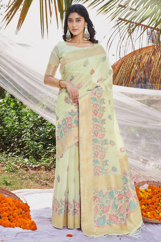 Green Cotton Saree With Blouse Piece