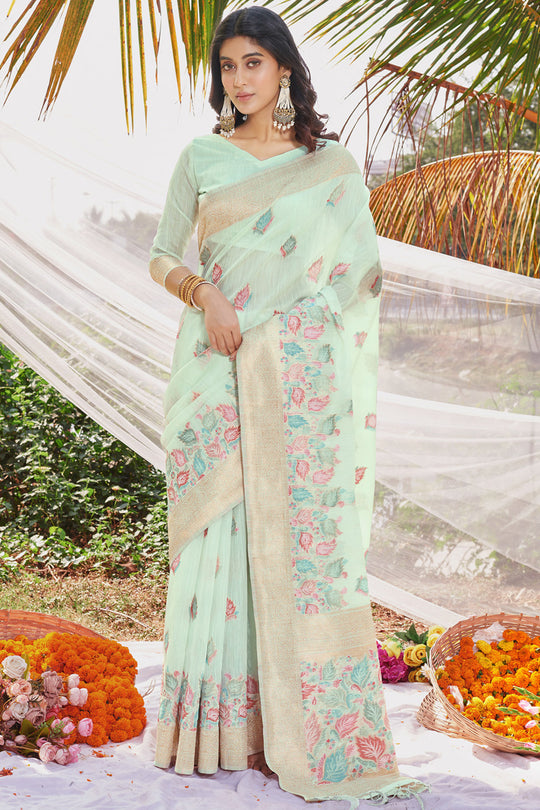 Sea Green Cotton Saree With Blouse Piece