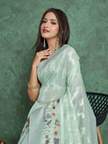 Seagreen Pure Cotton Lucknowi Woven Printed Saree With Tassels Saree With Blouse Piece