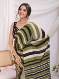 Green Satin Ready To Wear Saree With Blouse Piece