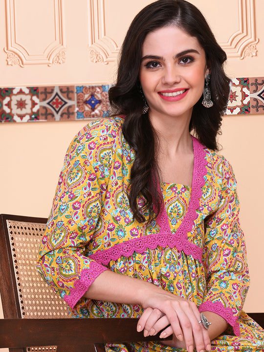 Floral Printed V-Neck Empire Pure Cotton Kurta with Trousers