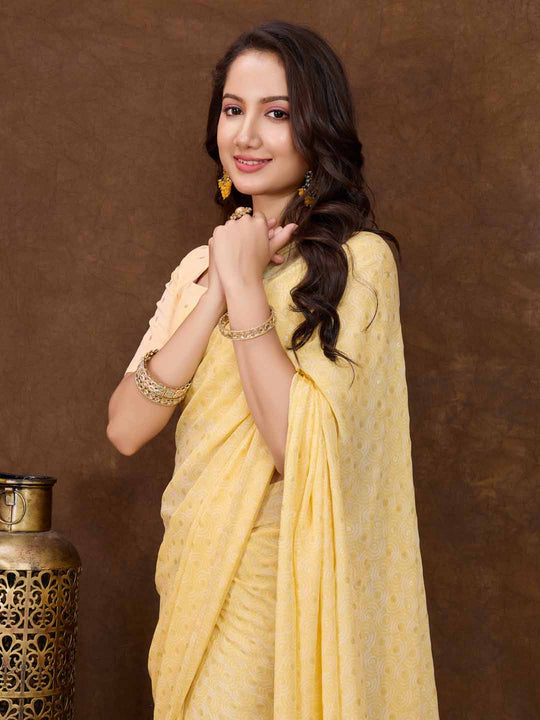 Yellow Crepe Georgette Gold Foil Embellished Printed Saree With Blouse Piece