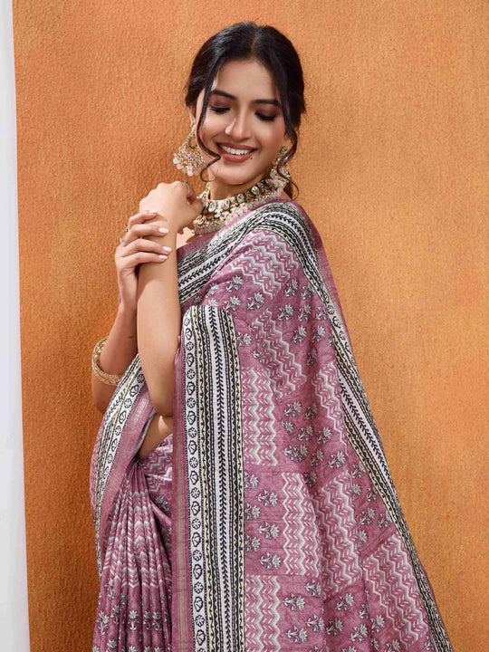 Pink Pure Tussar Silk Ajrakh Block Printed With Blouse Piece