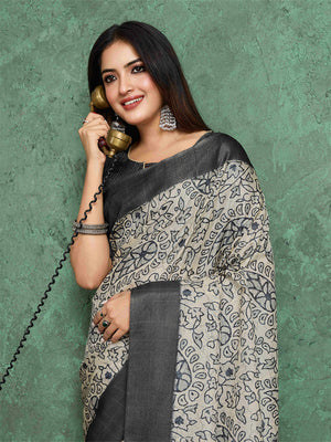 Milkywhite Pure Handloom Tussar Woven Pallu Ajrakh Printed With Blouse Piece