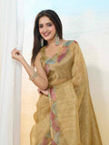 Yellow Organza Zari Woven Printed Saree With Hand-Sequence Embellishment Saree With Blouse Piece