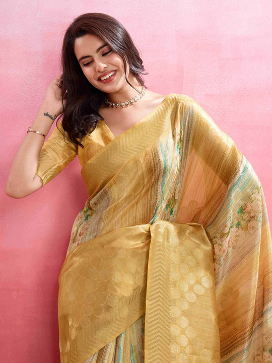 Yellow Cotton Banarasi Woven Rich Pallu Printed Saree With Blouse Piece